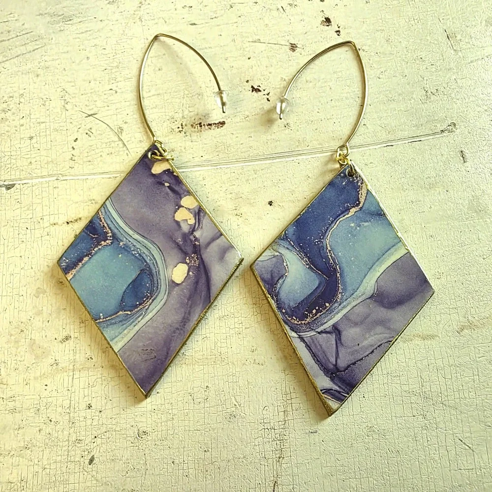 Handmade Abstract Wood Statement Earrings OOAK Blurple Gold Metallic Dangles